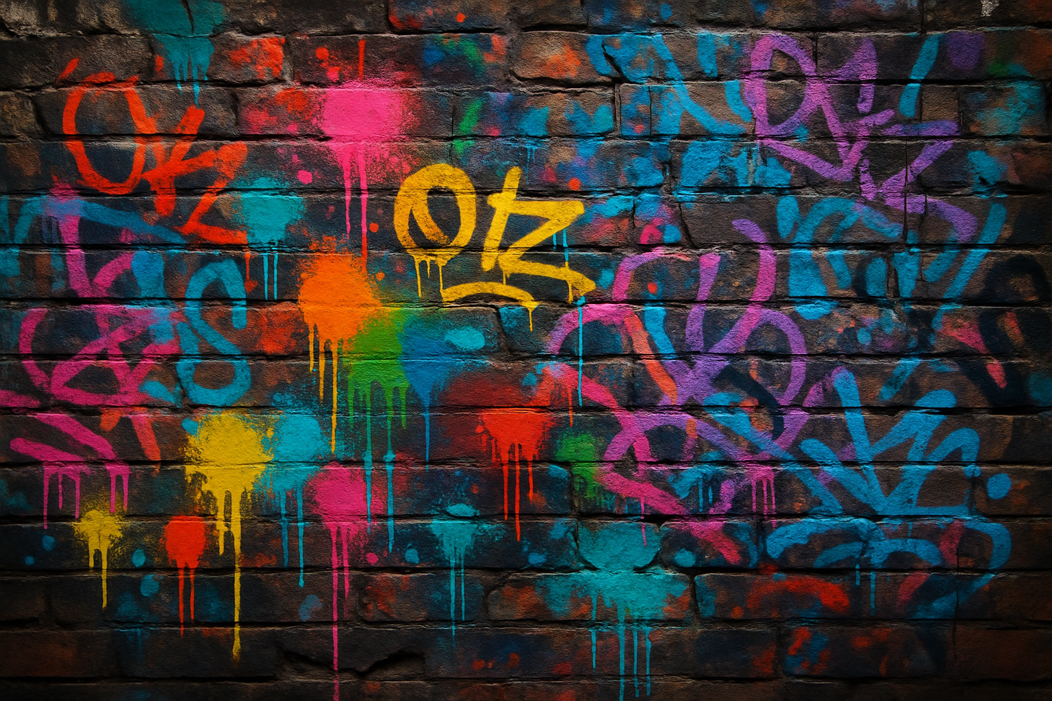 GENERATE ME A BRICK GRAFFITI BACKGROUND WITH PAINT ON IT AND CRACKED BRICKS